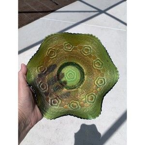 Antique Green Fenton Carnival Glass Bowl, Captive Rose Pattern - Beautiful Color